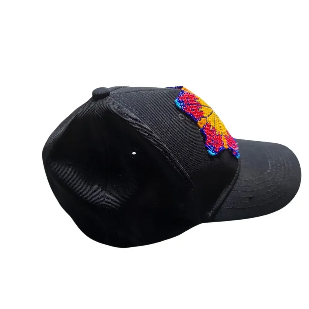 Mexican Huichol Fitted Baseball Cap Hat Handmade Black Beads Stretch Fit M/L